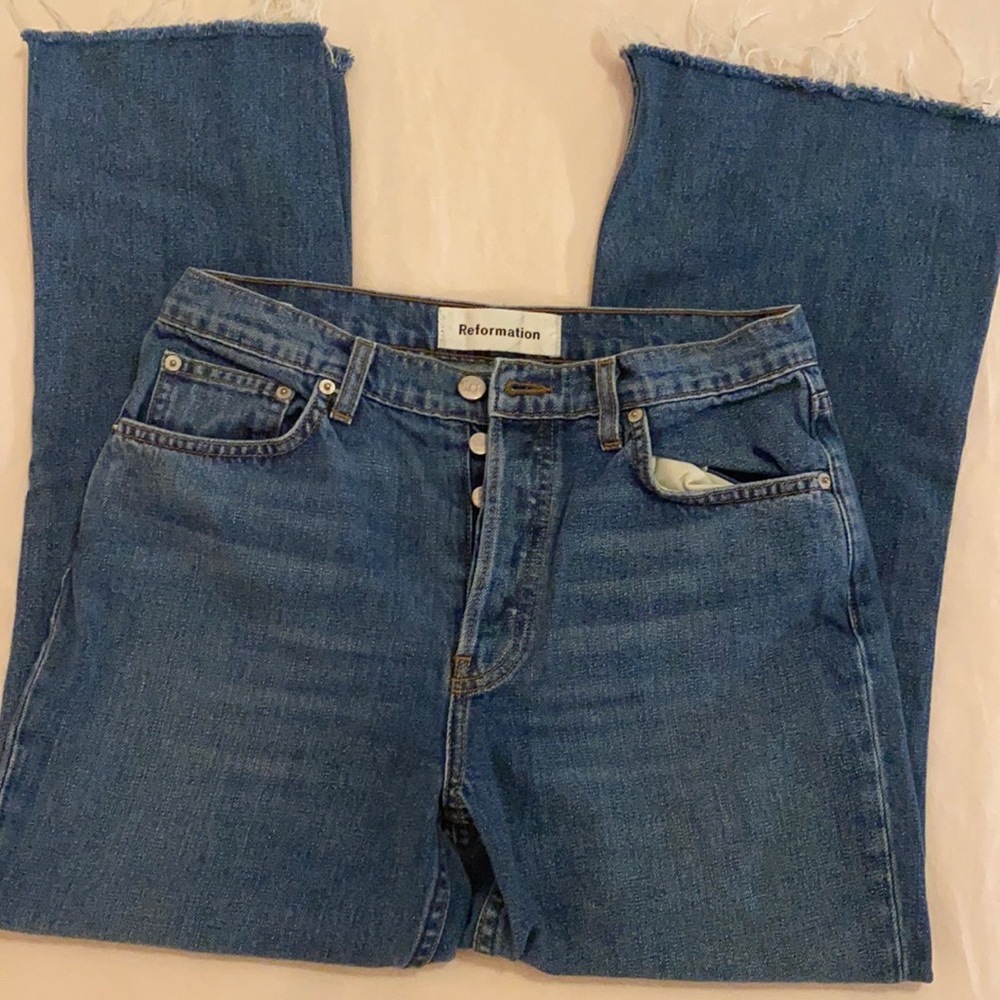 Reformation cropped raw hem flare jeans